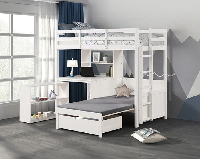 Mateo Twin/Twin Loft Bunk Bed Model Fm-Bk200Wh-Bed+Bc-Bookcase By Furniture Of America 