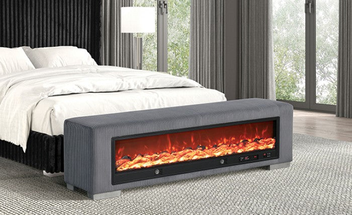 Elnath Bench W/ Visual Wood Log Fireplace Model Fm-Bn6001Gy By Furniture Of America 