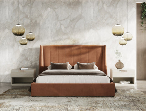 Queen Lamod Roma & Lago Modern Burnt Orange Velvet & Faux Travertine Bed With Nightstands Set Model VGAC-ROMALAGO-3PC-SET-Q