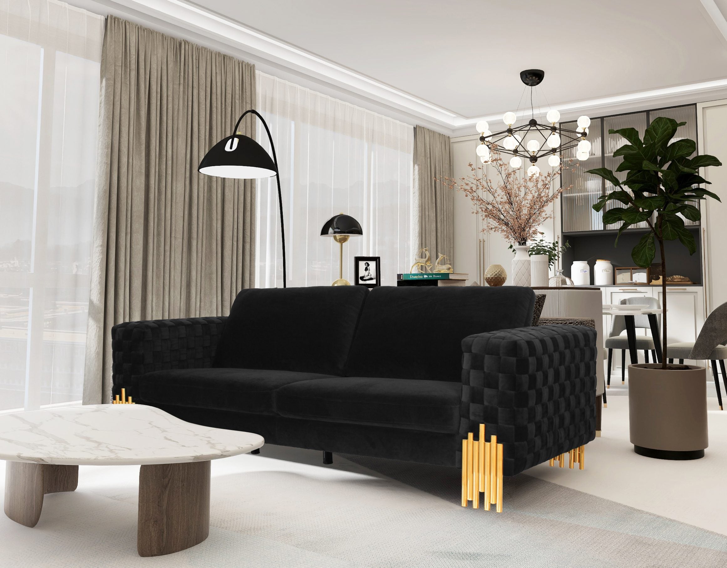 Divani Casa Georgia Modern Velvet Glam Black & Gold Sofa Model VGKNK8622-S
