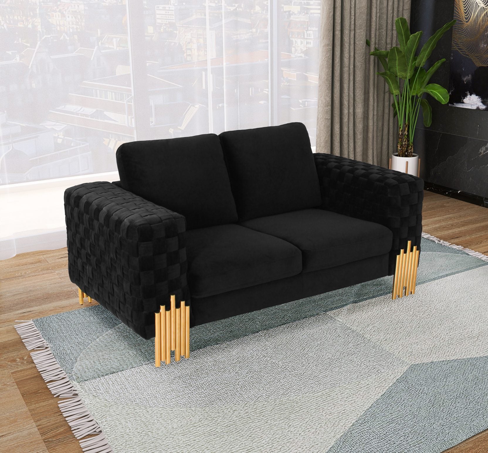 Divani Casa Georgia Modern Velvet Glam Black & Gold Loveseat Model VGKNK8622-LS
