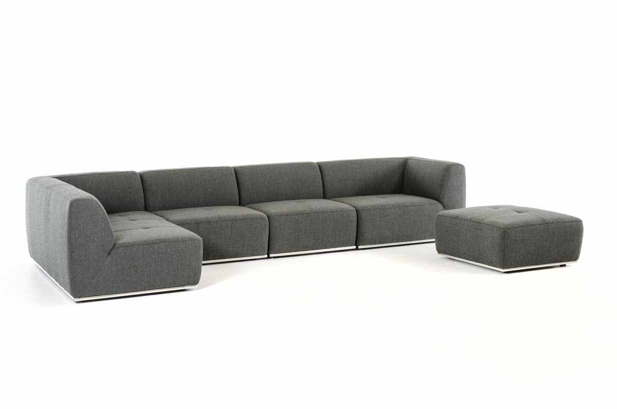 Divani Casa Hawthorn Modern Grey Fabric Modular Left Facing Chaise Sectional Sofa & Ottoman Model VGKK-2388-LAF-D-240