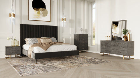 Modrest Hemlock Howard Modern Dark Grey Velvet And Shagreen Grey Bedroom Set Model VGKKB606-GRY-H-SET