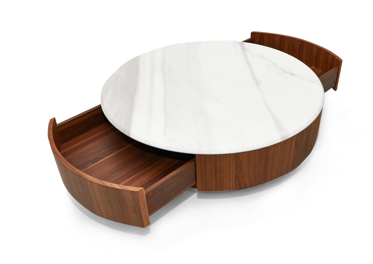 Nova Domus Hilton Modern Walnut And White Marble Round Coffee Table Model VGHB-400E-W