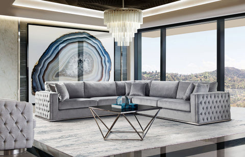 Envy 3-Piece Sectional, Platinum Gray Velvet With Detail and Silver Metal Trim By Diamond Sofa