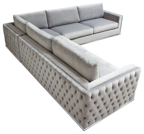 Envy 3-Piece Sectional, Platinum Gray Velvet With Detail and Silver Metal Trim By Diamond Sofa