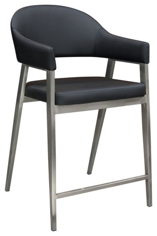 Set of Two Counter Height Chairs, Black Leatherette With Brushed Steel Leg By Diamond Sofa