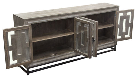 76" 4-Door Solid Mango Wood Sideboard in Walnut Grey Finish Black Iron Legs By Diamond Sofa