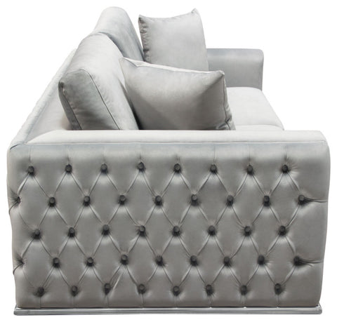 Loveseat, Platinum Grey Velvet, Tufted Outside Detail and Silver Metal Trim By Diamond Sofa