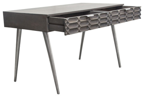 Petra Solid Mango Wood 2-Drawer Writing Desk, Smoke Gray Finish With Nickel Legs By Diamond Sofa