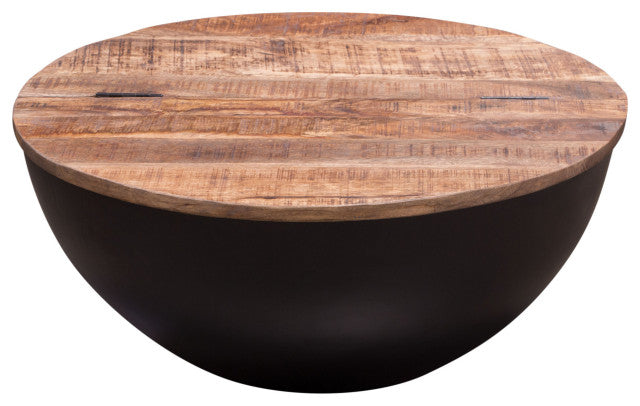Salem Round Drum Storage Cocktail Table, Natural Mango Wood Top Black Metal Base By Diamond Sofa