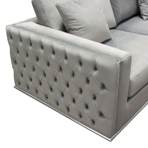 Loveseat, Platinum Grey Velvet, Tufted Outside Detail and Silver Metal Trim By Diamond Sofa