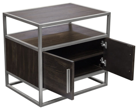 Empire 2-Door End Table in Dark Brown Veneer Hand brushed Silver Metal Frame By Diamond Sofa