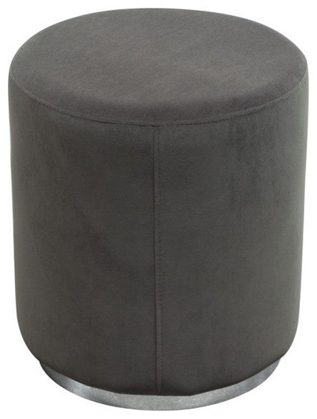 Sorbet Round Accent Ottoman, Gray Velvet With Silver Metal Band Accent By Diamond Sofa