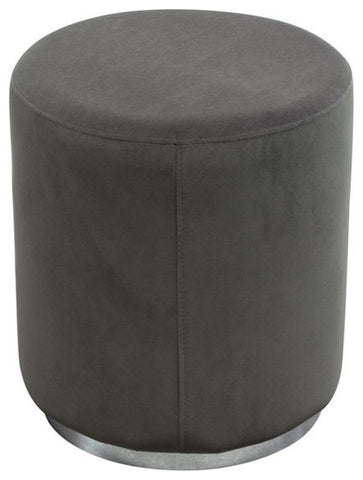 Sorbet Round Accent Ottoman, Gray Velvet With Silver Metal Band Accent By Diamond Sofa