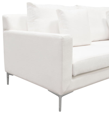Seattle Loose Back Loveseat in White Linen Polished Silver Metal Leg By Diamond Sofa