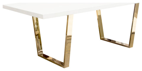 80" Rectangular Dining Table White Lacquer Top and Gold Metal Base By Diamond Sofa