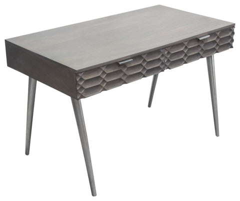Petra Solid Mango Wood 2-Drawer Writing Desk in Smoke Grey Finish Nickel Legs By Diamond Sofa