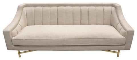 Fabric Sofa in Sand Linen Fabric Accent Pillows and Gold Metal Criss-Cross Frame By Diamond Sofa