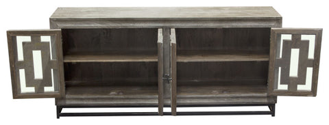 76" 4-Door Solid Mango Wood Sideboard in Walnut Grey Finish Black Iron Legs By Diamond Sofa