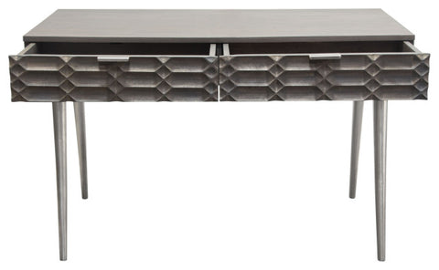 Petra Solid Mango Wood 2-Drawer Writing Desk in Smoke Grey Finish Nickel Legs By Diamond Sofa