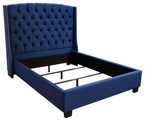 Majestic Eastern King Tufted Bed, Royal Navy Velvet, Nail Head Wing Accents By Diamond Sofa