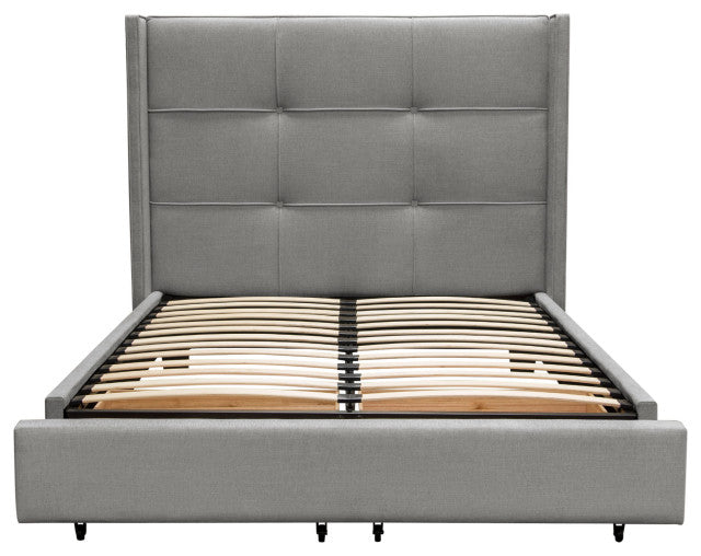 Queen Bed With Integrated Footboard Storage Unit, Accent Wings, Grey Fabric By Diamond Sofa