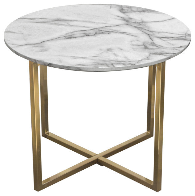 Vida 24" Round End Table With Faux Marble Top and Brushed Gold Metal Frame By Diamond Sofa