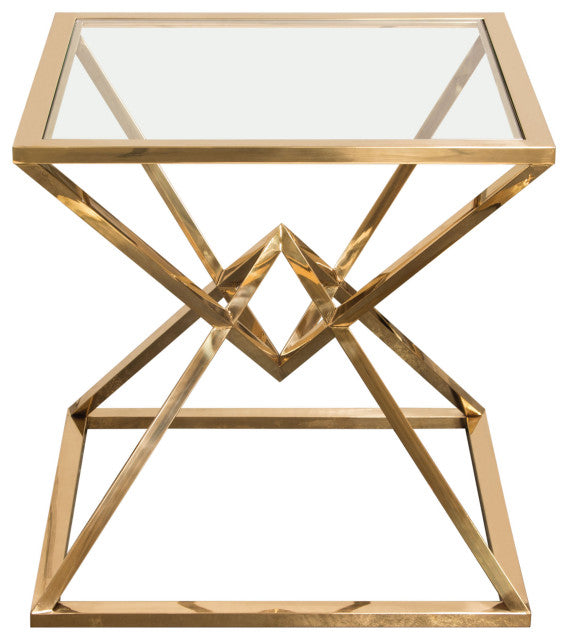 Steel End Table With Polished Gold Finish Base, Clear, Tempered Glass Top By Diamond Sofa