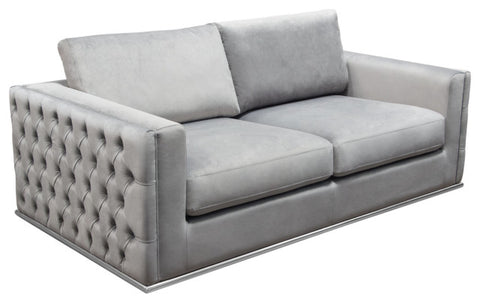 Loveseat, Platinum Grey Velvet, Tufted Outside Detail and Silver Metal Trim By Diamond Sofa