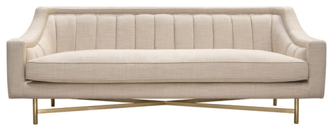 Fabric Sofa in Sand Linen Fabric Accent Pillows and Gold Metal Criss-Cross Frame By Diamond Sofa