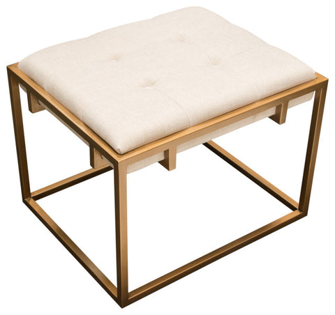 Babylon Small Accent Ottoman Brushed Gold Frame & Padded Seat in Sand Linen By Diamond Sofa