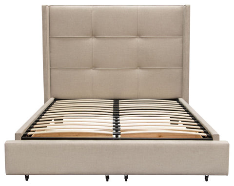 Queen Bed With Integrated Footboard Storage Unit and Accent Wings, Sand Fabric By Diamond Sofa