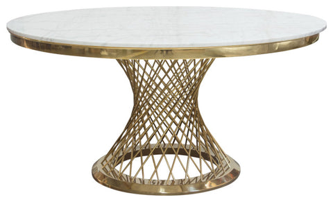 60" Round White Genuine Marble Top Dining Table and Gold Spiral Spoked Base By Diamond Sofa
