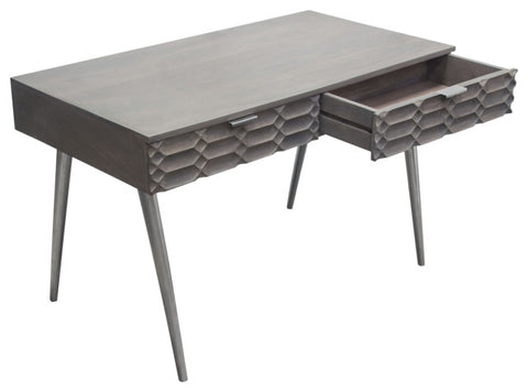 Petra Solid Mango Wood 2-Drawer Writing Desk, Smoke Gray Finish With Nickel Legs By Diamond Sofa