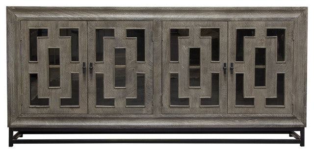 76" 4-Door Solid Mango Wood Sideboard in Walnut Grey Finish Black Iron Legs By Diamond Sofa