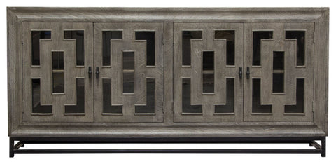 76" 4-Door Solid Mango Wood Sideboard in Walnut Grey Finish Black Iron Legs By Diamond Sofa