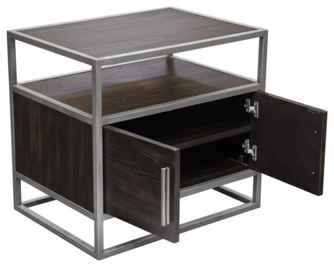 Empire 2-Door End Table, Dark Brown Veneer With Hand brushed Silver Metal Frame By Diamond Sofa