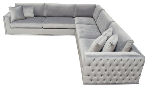 Envy 3-Piece Sectional, Platinum Gray Velvet With Detail and Silver Metal Trim By Diamond Sofa
