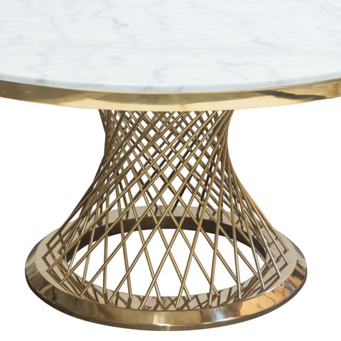 60" Round White Genuine Marble Top Dining Table and Gold Spiral Spoked Base By Diamond Sofa
