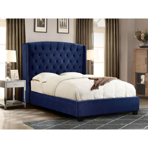 Majestic Eastern King Tufted Bed, Royal Navy Velvet, Nail Head Wing Accents By Diamond Sofa