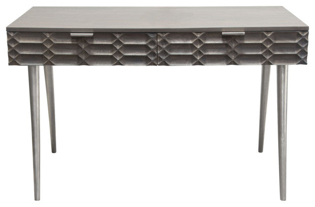 Petra Solid Mango Wood 2-Drawer Writing Desk, Smoke Gray Finish With Nickel Legs By Diamond Sofa