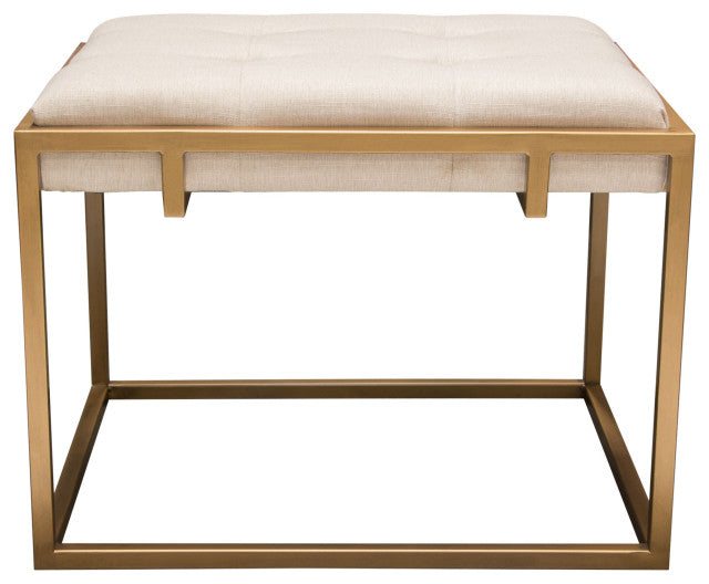 Babylon Small Accent Ottoman Brushed Gold Frame & Padded Seat in Sand Linen By Diamond Sofa