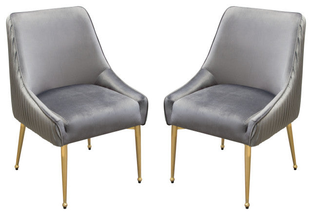 Set of (2) Quinn Dining Chairs Outside Pleat Detail in Grey Velvet Metal Leg By Diamond Sofa