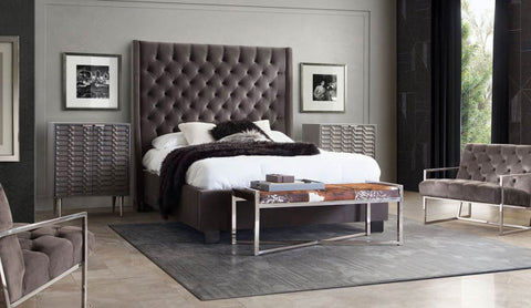 Queen Tufted Bed With Vintage Wing, Smoke Gray Velvet By Diamond Sofa