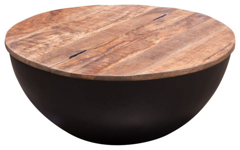 Salem Round Drum Storage Cocktail Table, Natural Mango Wood Top Black Metal Base By Diamond Sofa