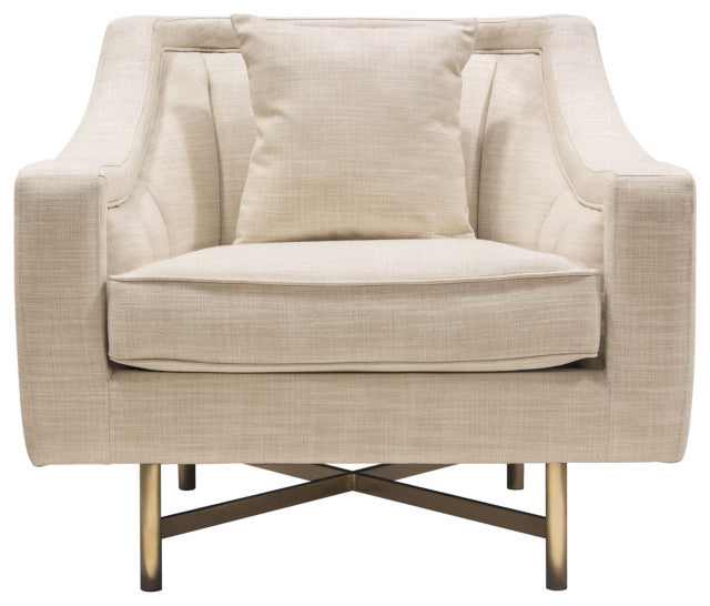 Fabric Chair in Sand Linen Fabric Accent Pillow and Gold Metal Criss-Cross Frame By Diamond Sofa