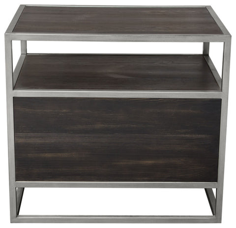 Empire 2-Door End Table in Dark Brown Veneer Hand brushed Silver Metal Frame By Diamond Sofa