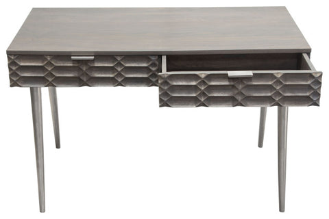 Petra Solid Mango Wood 2-Drawer Writing Desk, Smoke Gray Finish With Nickel Legs By Diamond Sofa