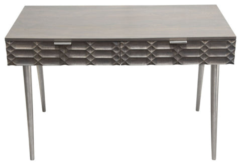 Petra Solid Mango Wood 2-Drawer Writing Desk in Smoke Grey Finish Nickel Legs By Diamond Sofa